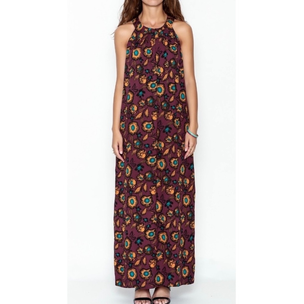 Everly Floral Halter Maxi Dress Burgundy Orange Teal Sleeveless Pleated ED3029 L